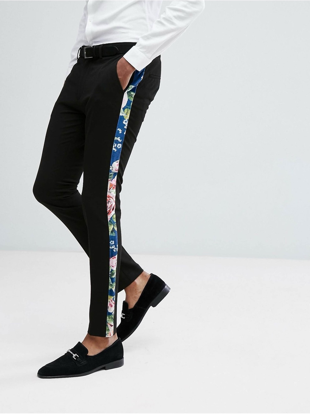 ASOS Super Skinny Suit Trousers With Teal Floral Print Velvet Side Stripe 32